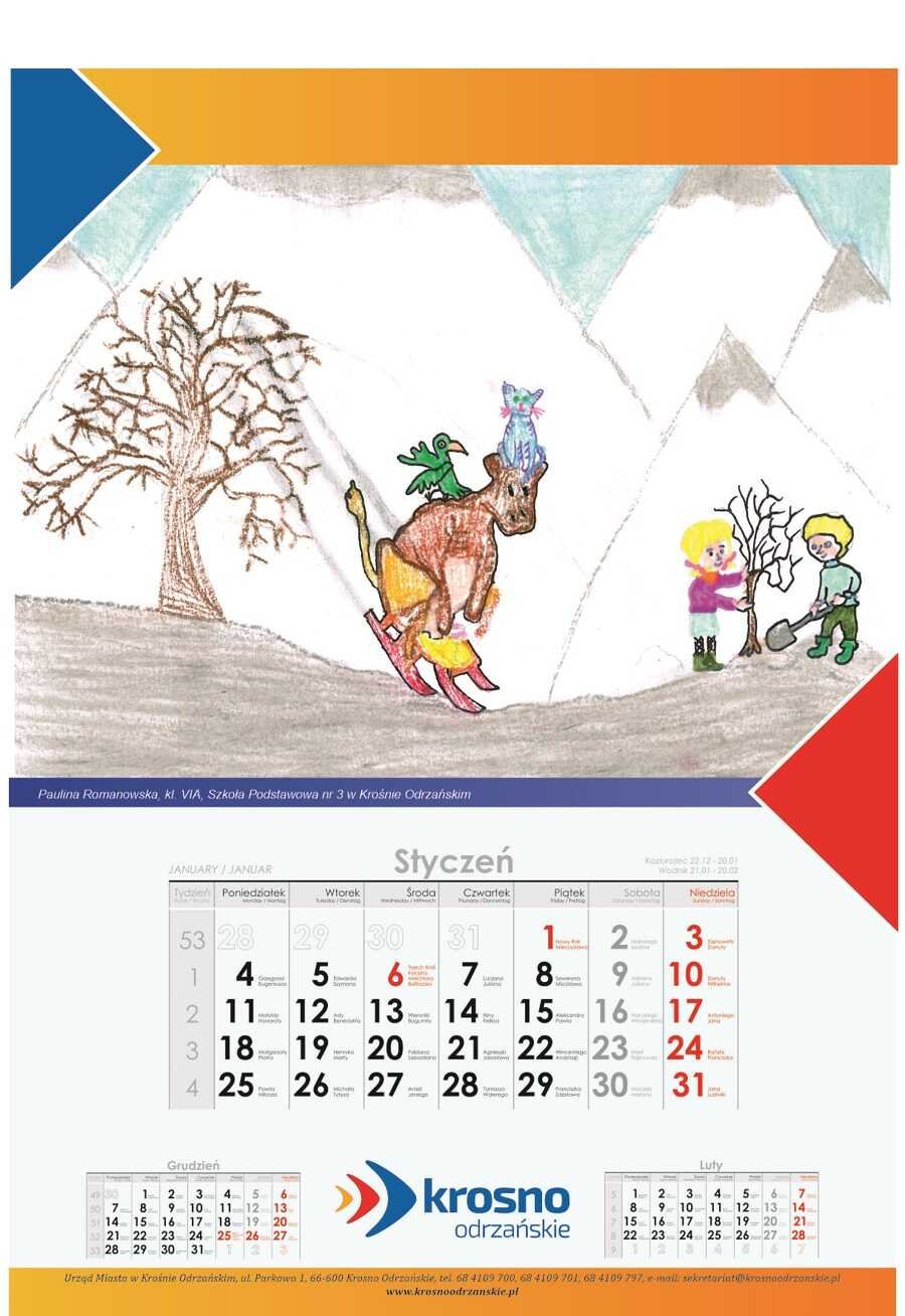 Brązowa krowa z niebieskim kotem na głowie i siedzącym na jej plecach zielonym ptakiem zjeżdża na sankach z wysokiej góry. Po prawej stronie obrazka dwóch chłopców sadzi drzewo