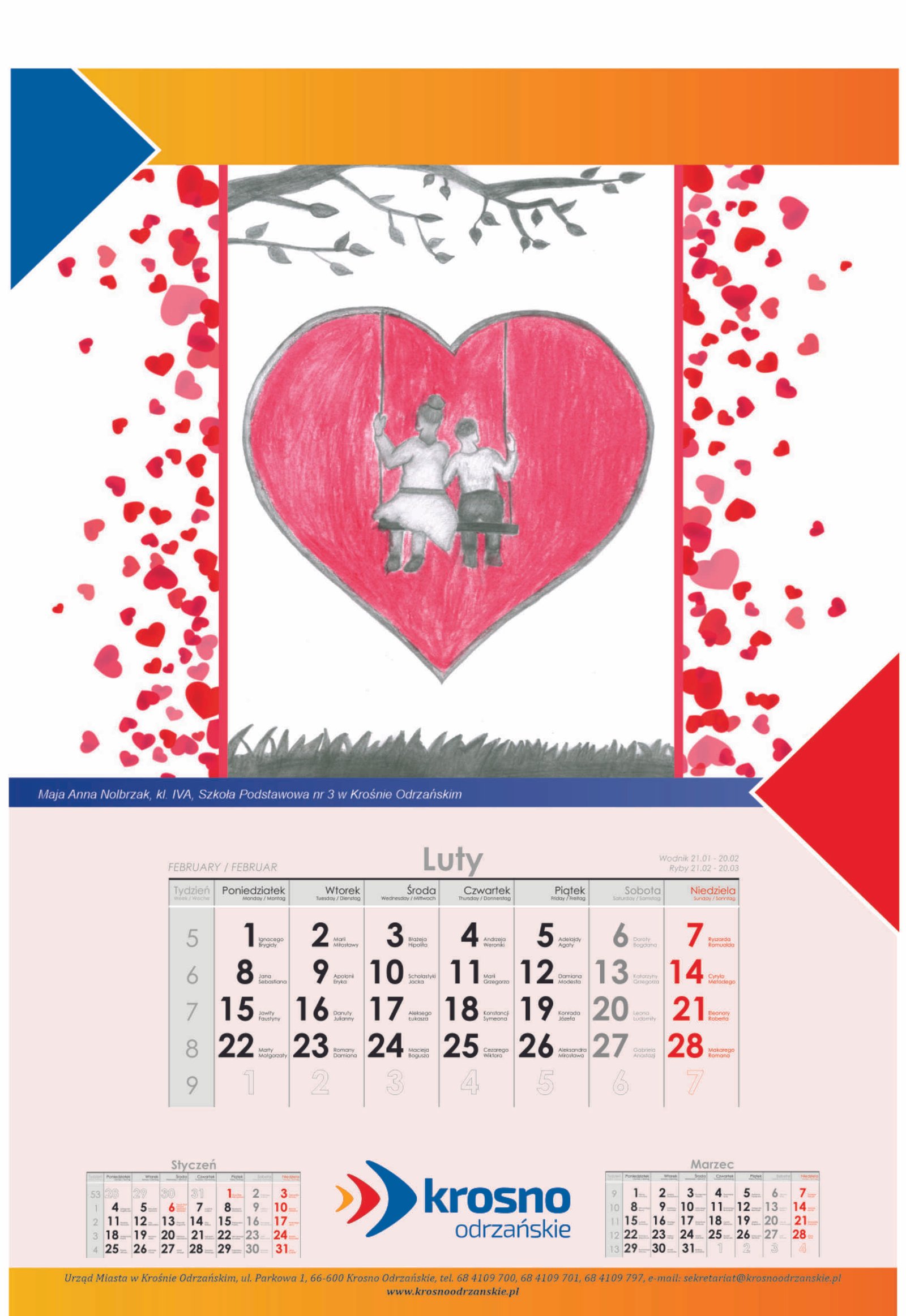 Dwoje zakochanych huśta się na huśtawce.  Otoczeni są dużym czerwonym sercem symbolizującym ich uczucie.