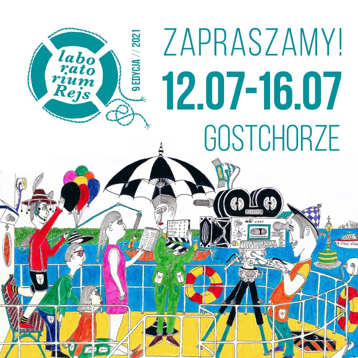 Na zdjęciu umieszczono grafikę z ludźmi na plaży oraz napis Laboratorium Rejs, 12-16 lipca Gostchorze, zapraszamy