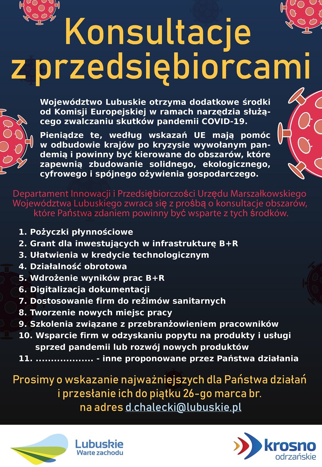 Plakat informujący o możliwych dotacjach z Unii Europejskiej na odbudowę gospodarczą kraju po pandemii koronawirusa z prośbą o wskazanie najważniejszych obszarów do odbudowy