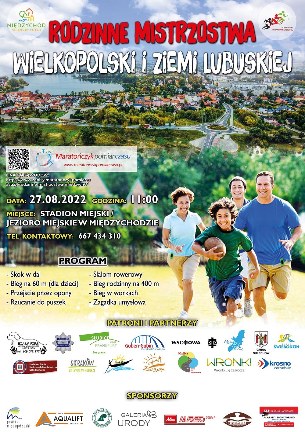Na plakacie uśmiechnięta rodzina w biegu, dziecko trzyma piłkę. W tle zdjęcie lotnicze Międzychodu, u dołu napisy dotyczące szczegółów wyścigu oraz logotypy organizatorów, partnerów i sponsorów